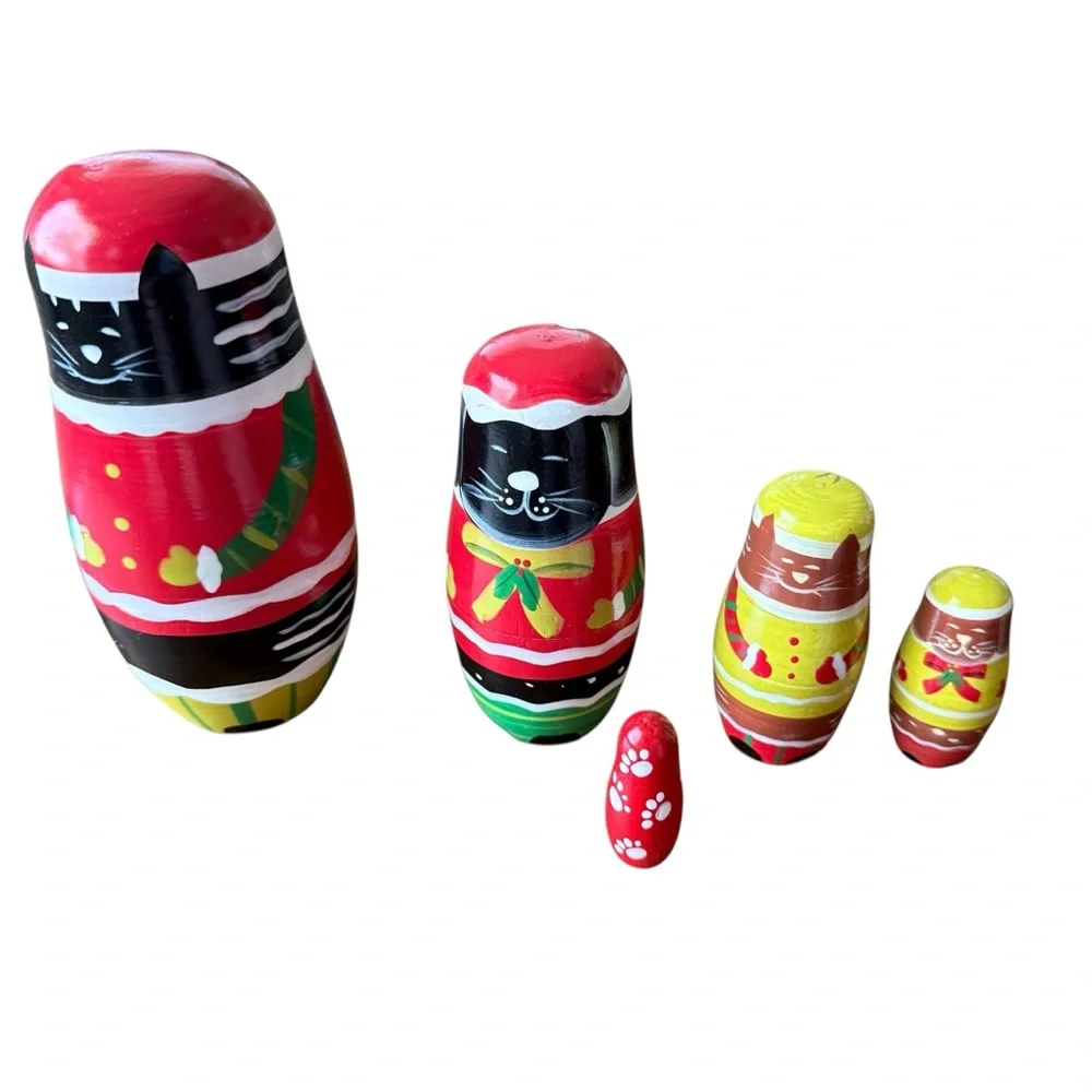 Wooden nesting Christmas Cats black and brown cats